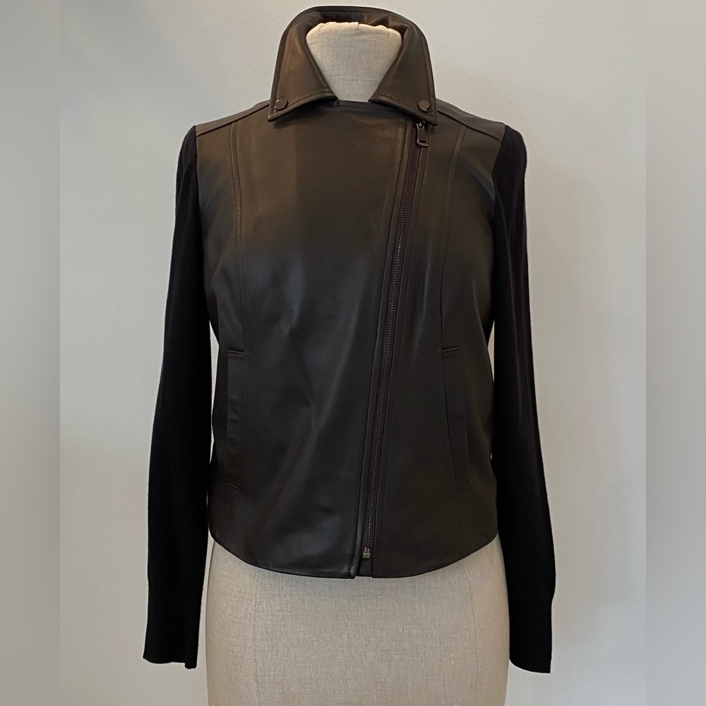 Etcetera Womens Brown Leather Jacket w Black Knit Sleeves & Back / Size S